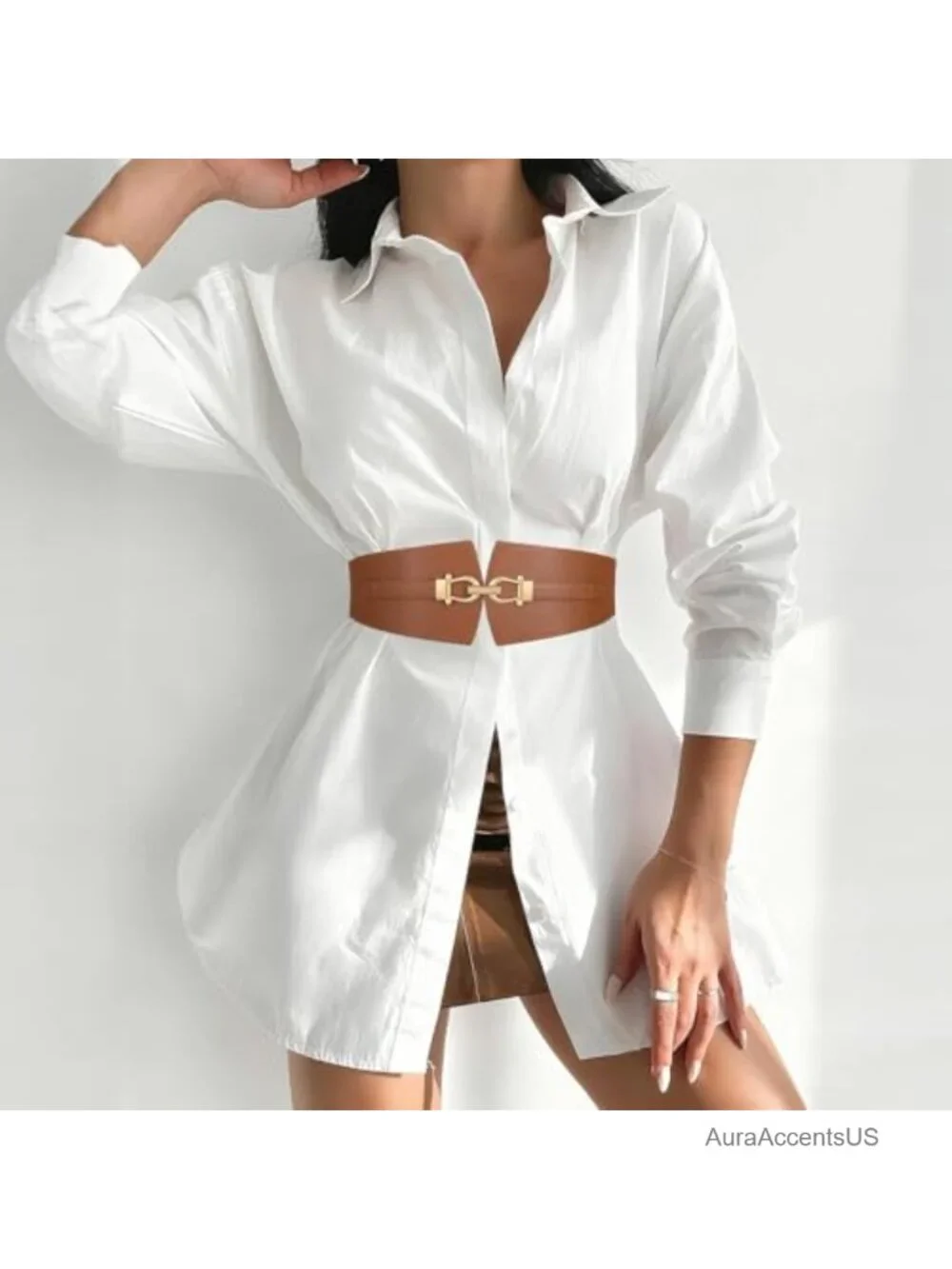 Wide Stretch Elastic Belt Gold Buckle for Dresses Coats